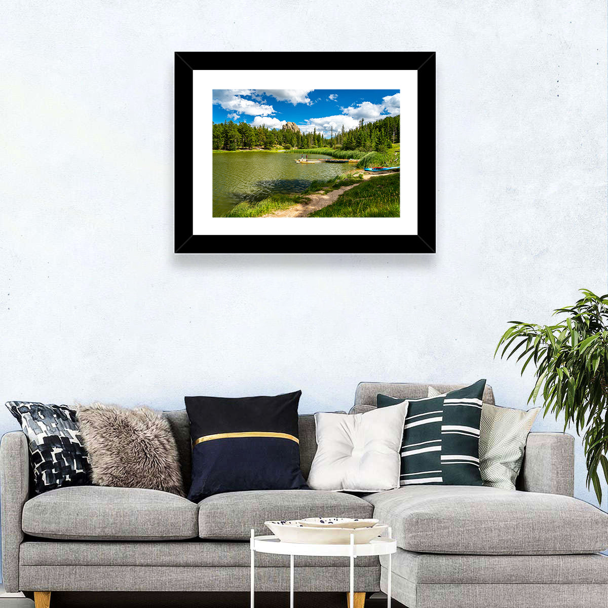 Sylvan Lake Dockside Scene Wall Art in a room, landscape