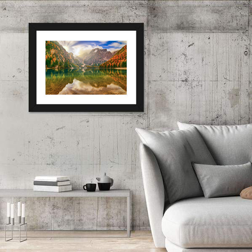 Lago Di Braies Sunrise Wall Art in a room, landscape