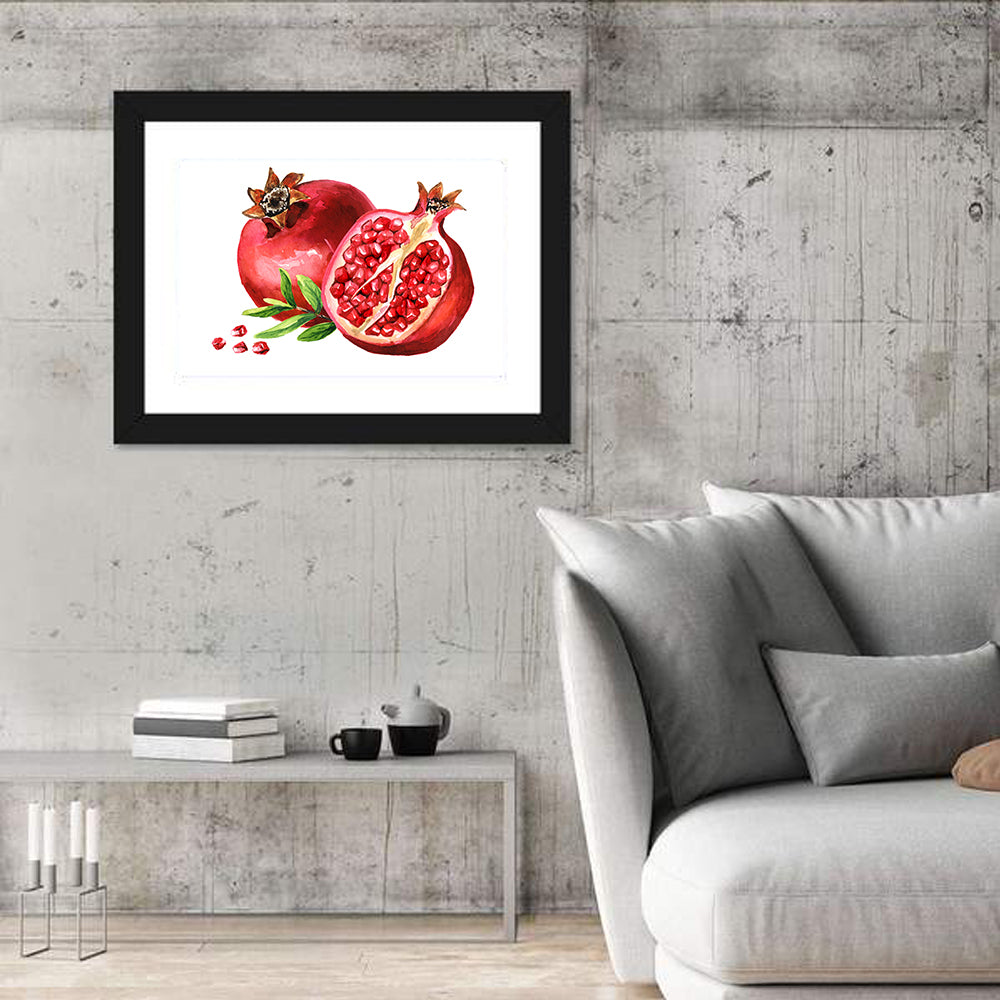 Fresh Pomegranate Watercolor Wall Art in a room, landscape