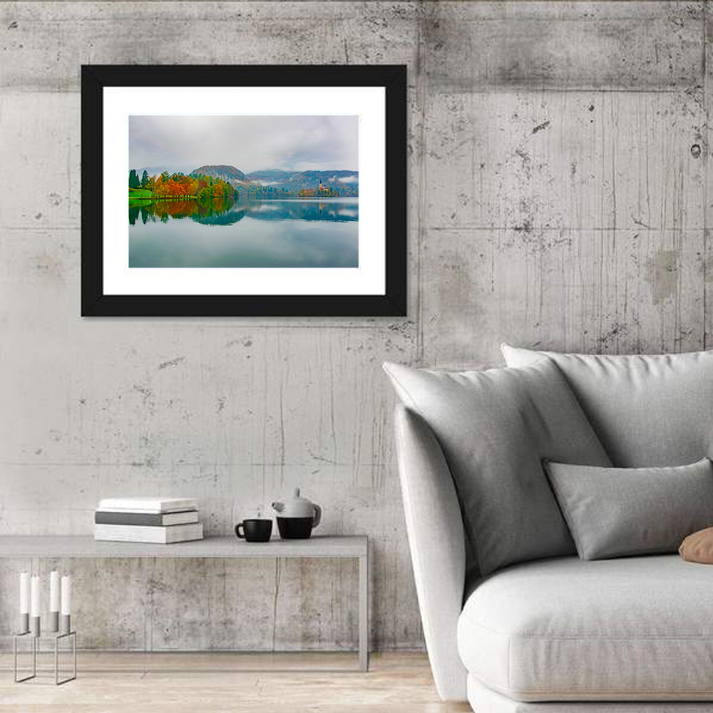 Lake Bled Island Church Wall Art in a room, landscape