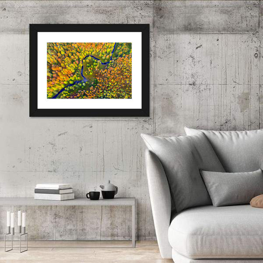 Winding Autumn River Wall Art in a room, landscape