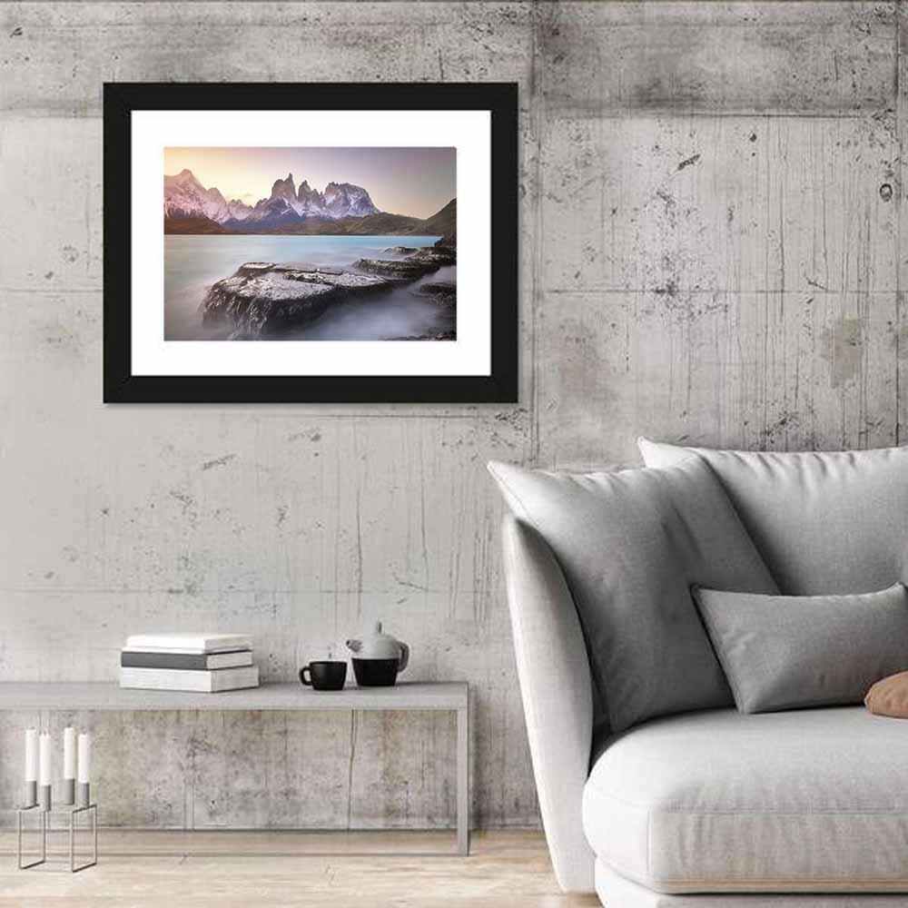 Cuernos Peaks Over Pehoe Lake Wall Art in a room, landscape