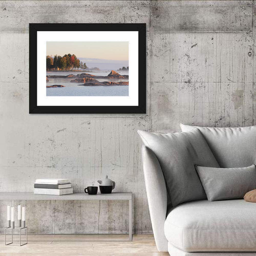Lake Vanern Misty Shoreline Wall Art in a room, landscape