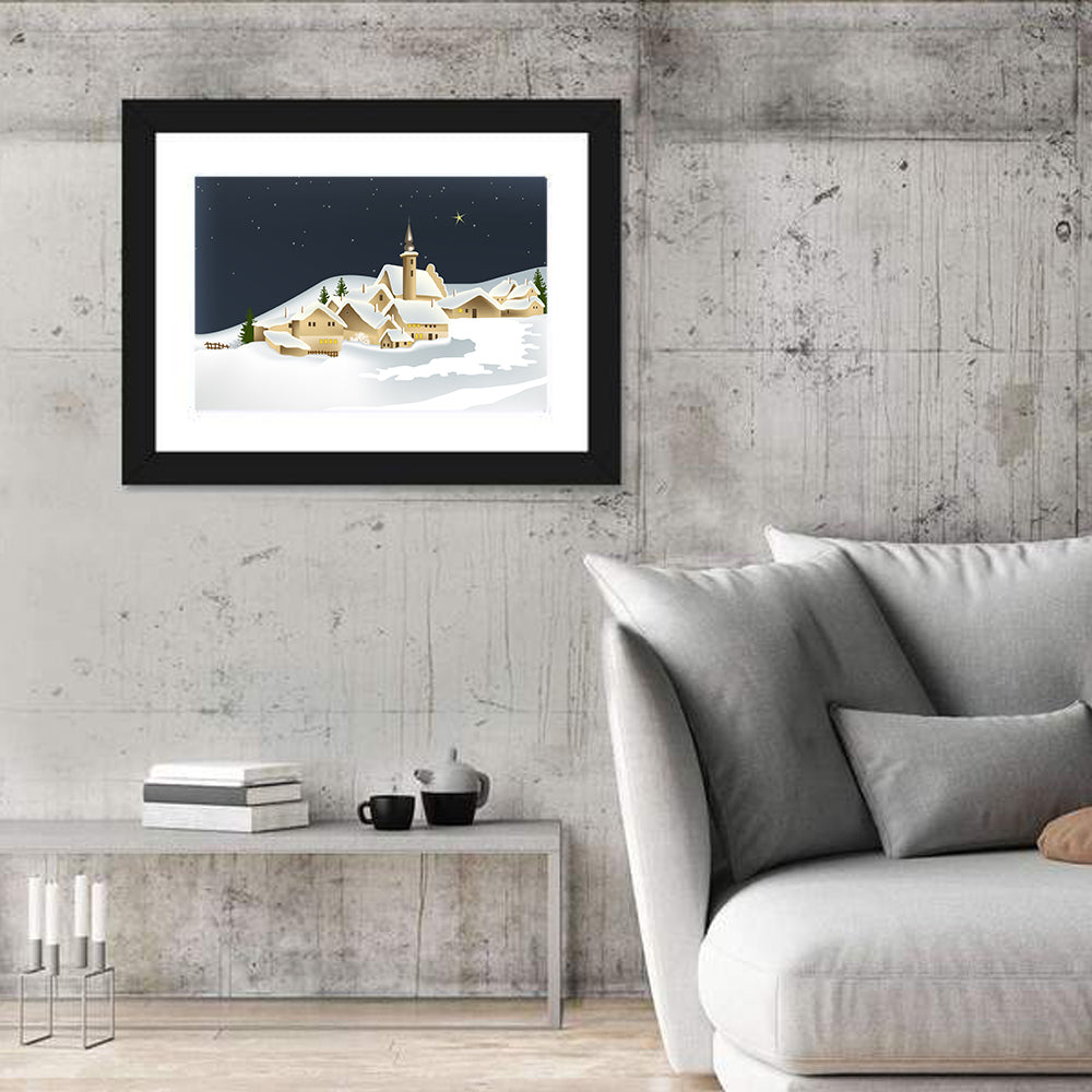 Winter Village Night Illustration Wall Art