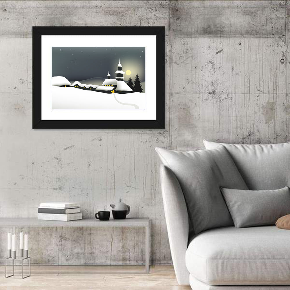 Moonlit Winter Village Illustration Wall Art
