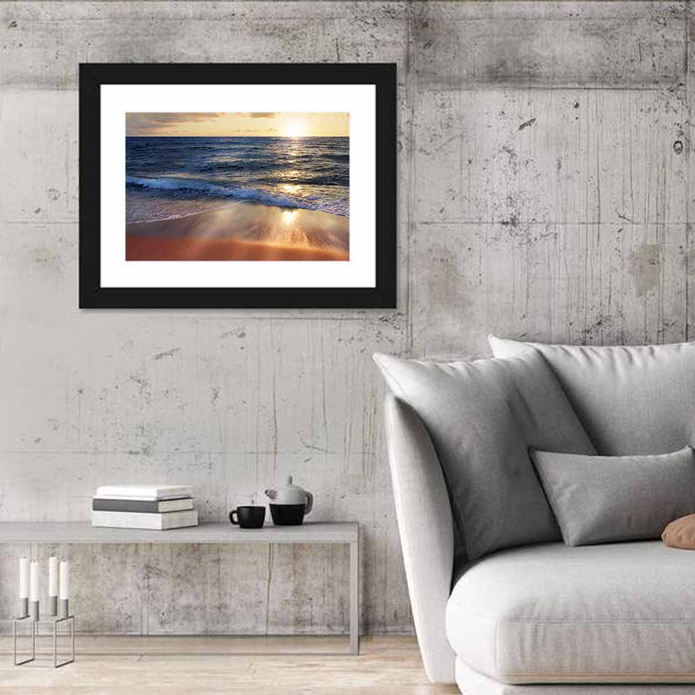 Sunset Surf on Wet Sand Wall Art in a room, landscape