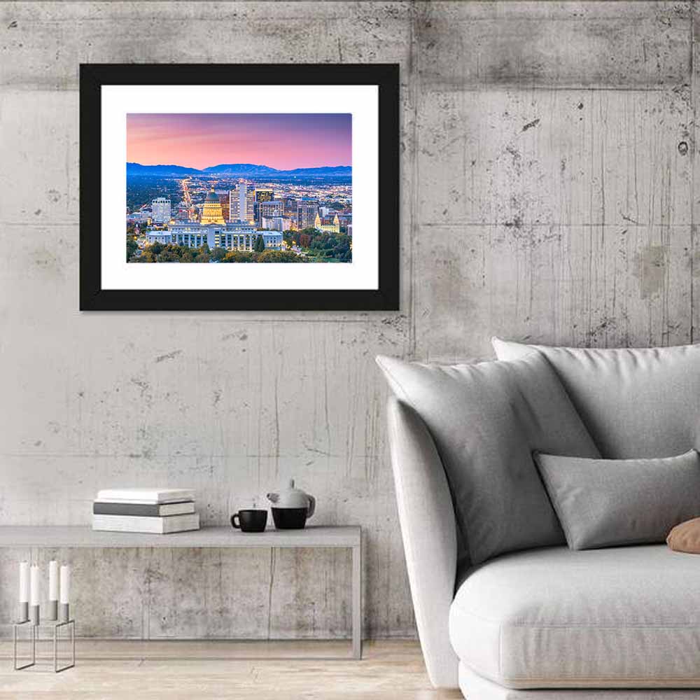 Salt Lake City Dusk Skyline Wall Art in a room, landscape