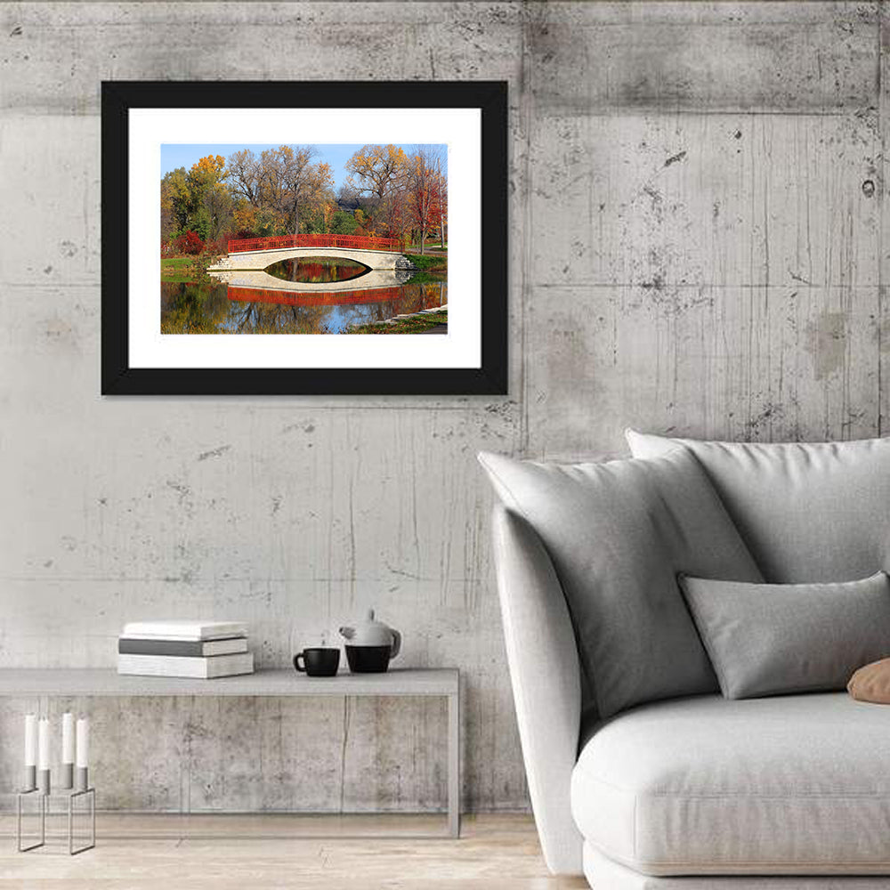 Tenney Park Stone Bridge Reflection Wall Art in a room, landscape