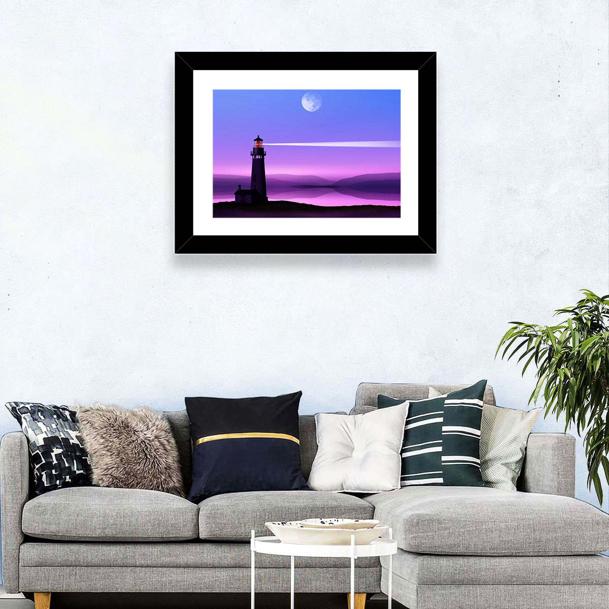 Moonlit Lighthouse Reflection Wall Art in a room, landscape