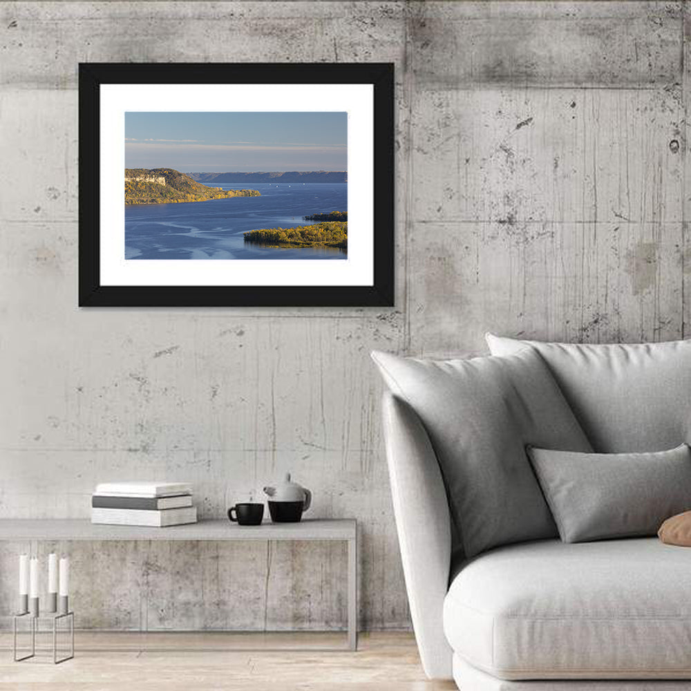 Mississippi River Autumn Panorama Wall Art in a room, landscape