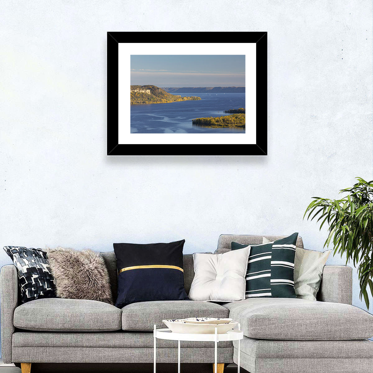 Mississippi River Autumn Panorama Wall Art in a room, landscape