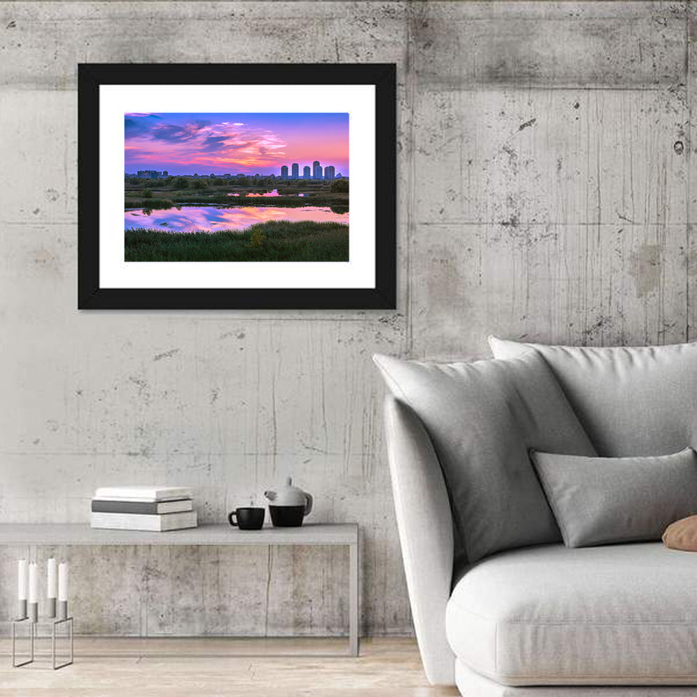 Vacaresti Park Sunset Reflection Wall Art in a room, landscape