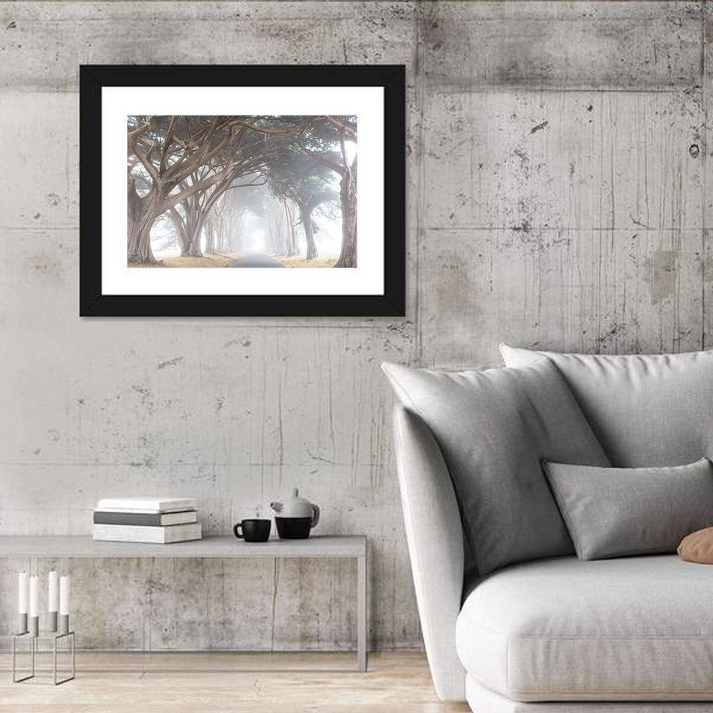 Misty Cypress Tunnel Wall Art in a room, landscape
