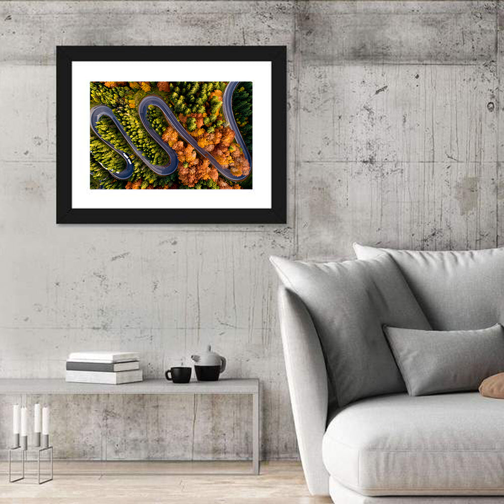 Autumn Aerial Mountain Road Wall Art in a room, landscape