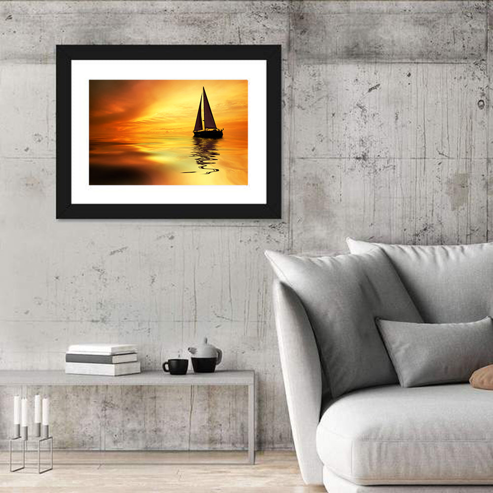 Golden Hour Sailboat Silhouette Wall Art in a room, landscape