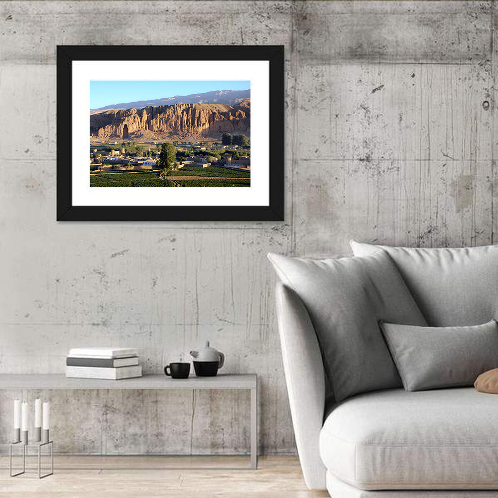 Bamiyan Valley Cliff Niche at Golden Hour Wall Art in a room, landscape