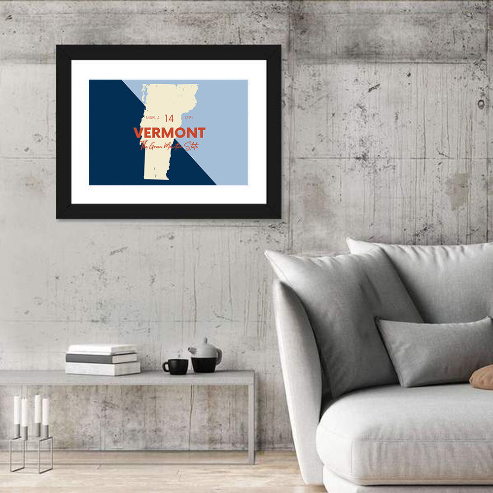 Vermont Map, Green Mountain State Wall Art in a room, landscape