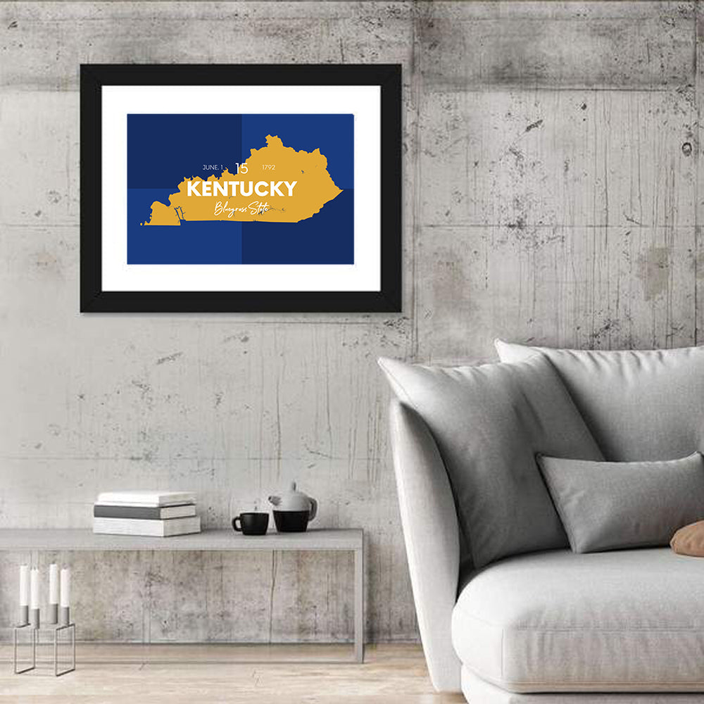 Blue and Gold Kentucky Map Wall Art in a room, landscape