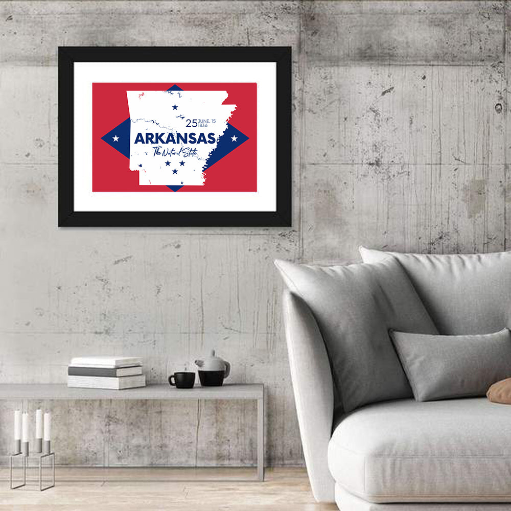 Patriotic Arkansas Map Wall Art in a room, landscape