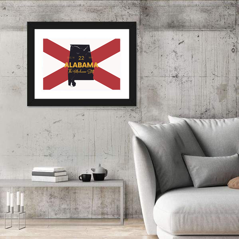 Alabama Map Over State Flag Wall Art in a room, landscape