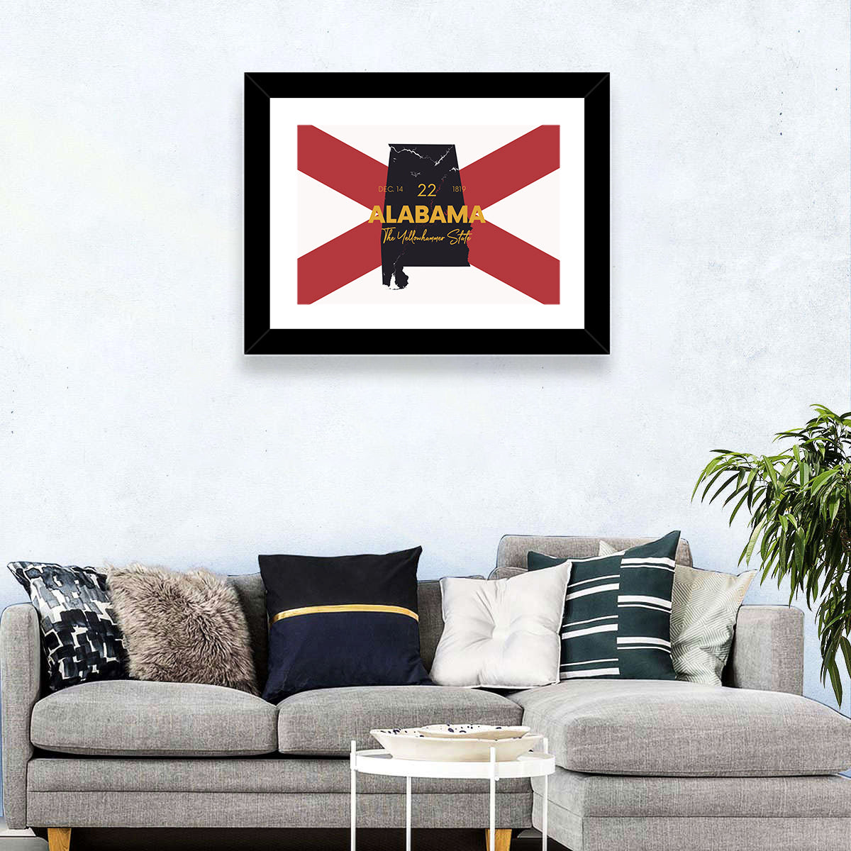 Alabama Map Over State Flag Wall Art in a room, landscape