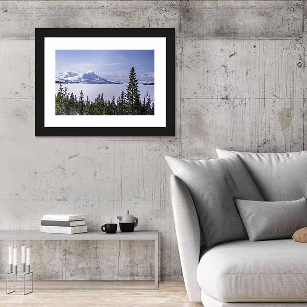 Scandinavian Mountain Range with Frozen Lake Wall Art in a room, landscape