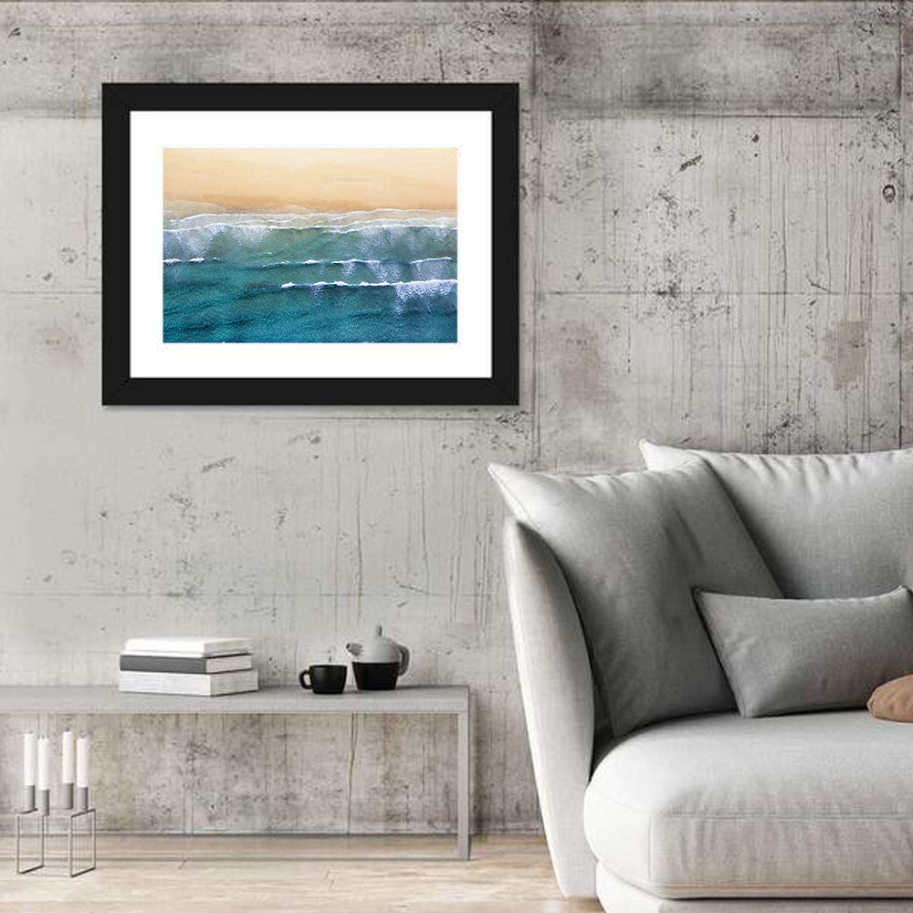 Calm Turquoise Beachscape Wall Art in a room, landscape