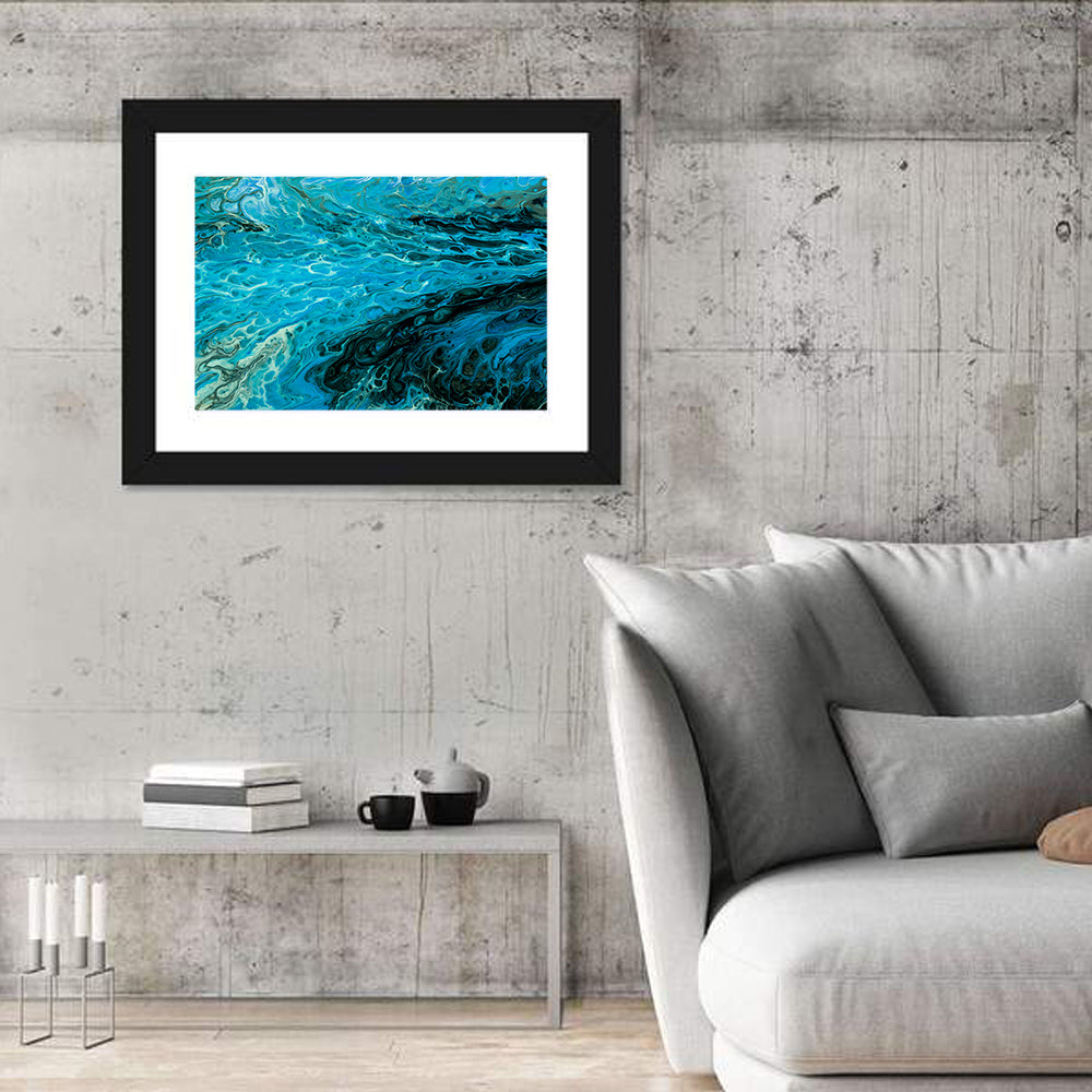 Liquid Marble Blue Abstract Wall Art in a room, landscape