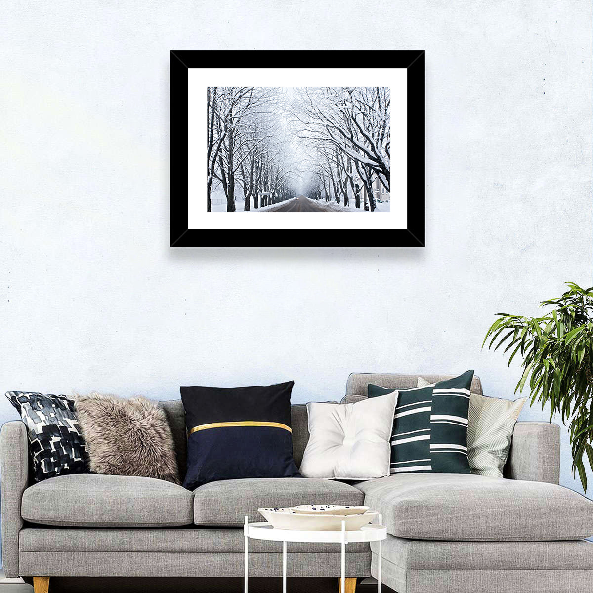 Snowy Road with Distant Headlights Wall Art