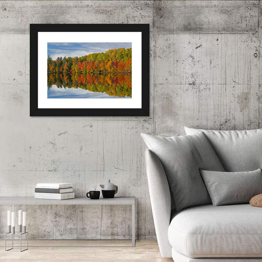 Moccasin Lake Autumn Reflection Wall Art in a room, landscape