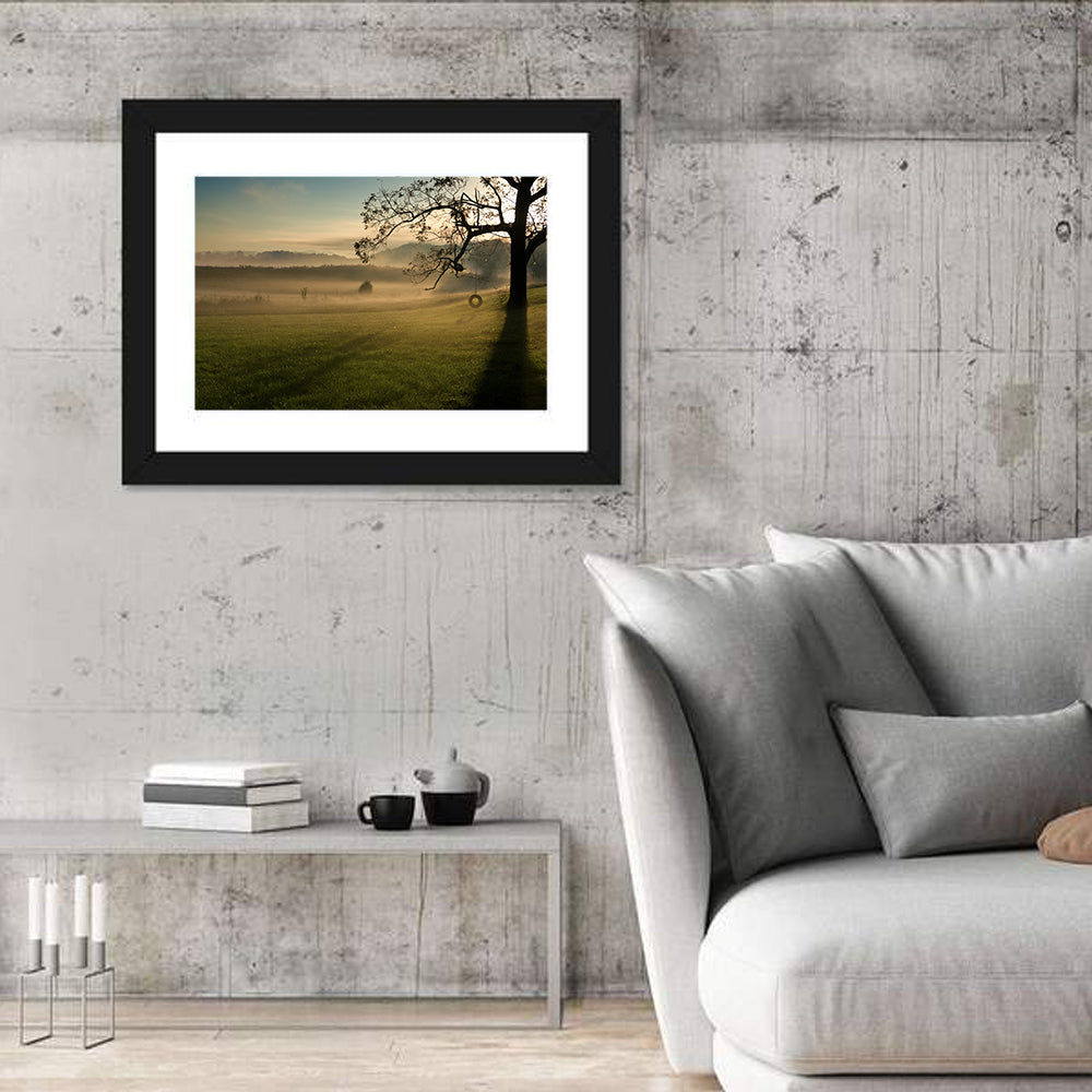 Tire Swing in Morning Mist Wall Art in a room, landscape