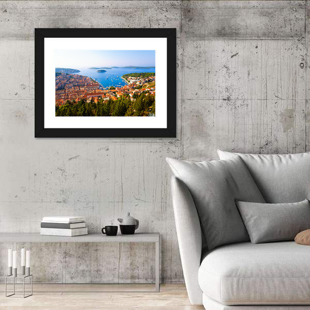 Hvar Harbor Aerial View Wall Art in a room, landscape