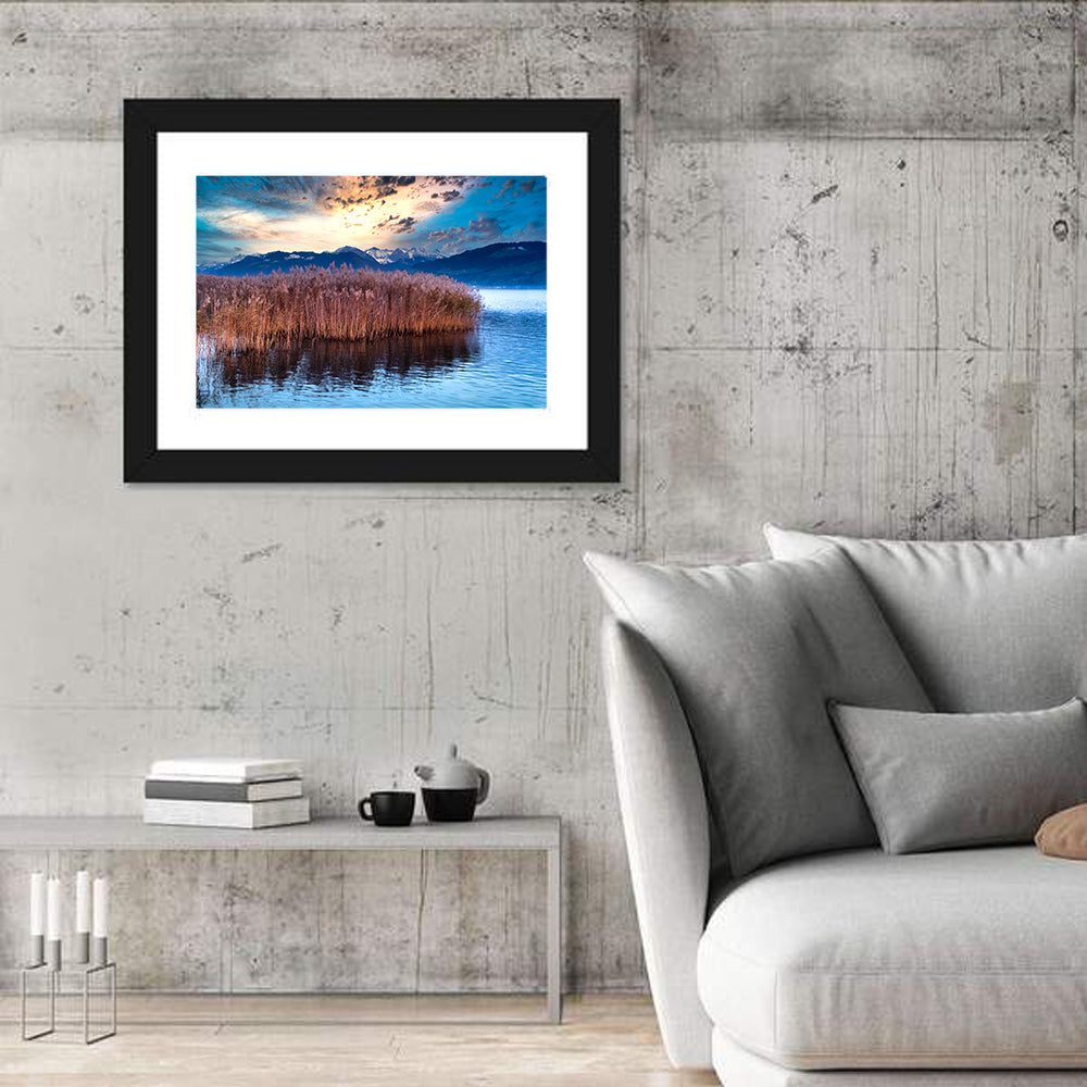 Lake Obersee Reeds at Dusk Wall Art in a room, landscape