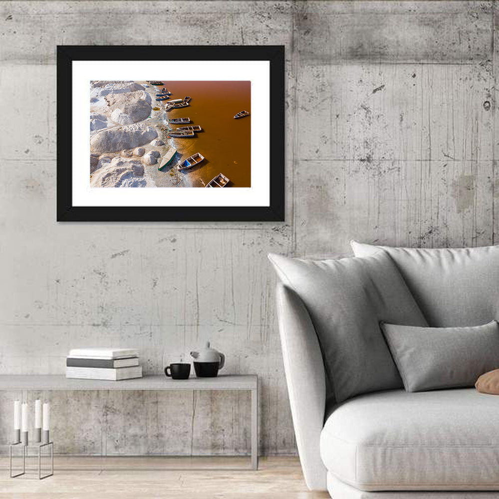 Lac Rose Boats and Salt Mounds Wall Art in a room, landscape