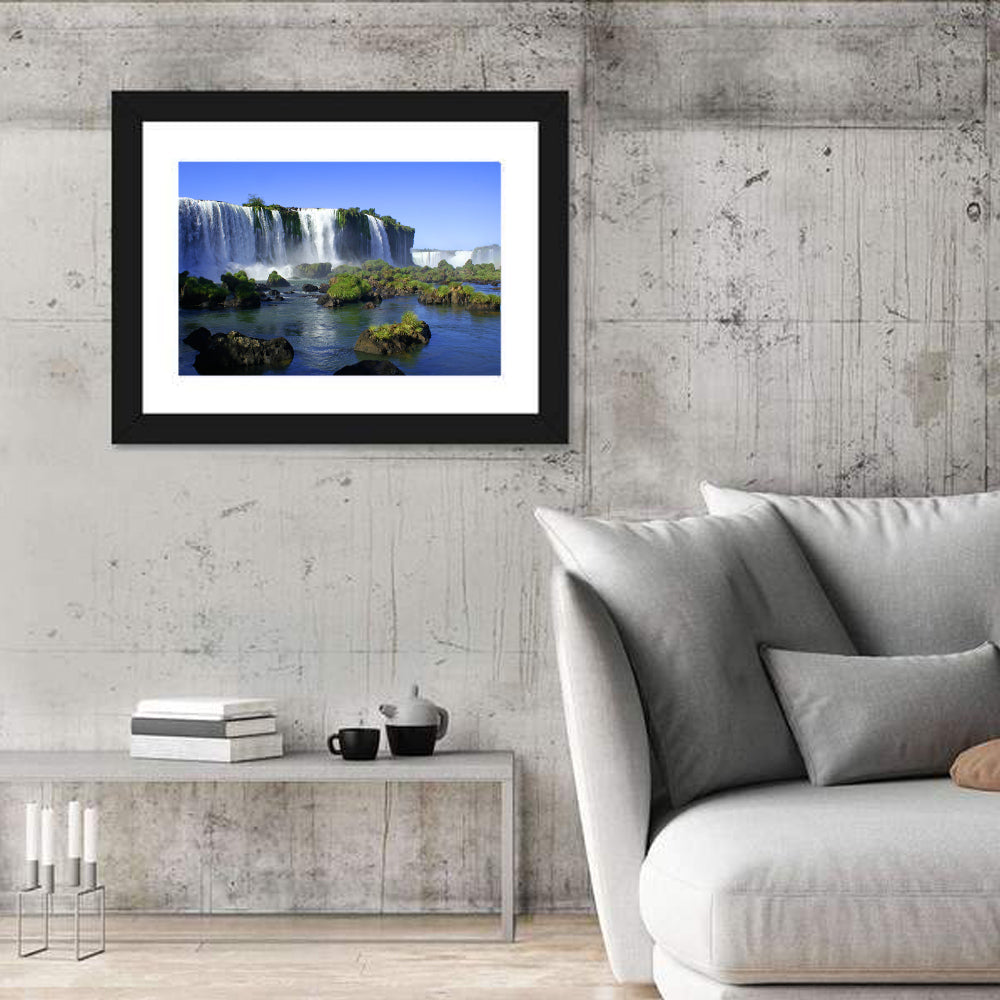 Iguazu Falls Mossy Rocks Wall Art in a room, landscape