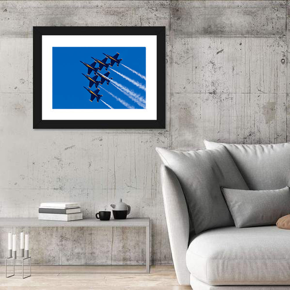 Blue Angels Delta Formation Flyover Wall Art in a room, landscape