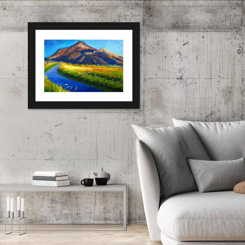 Mountain Village Stream at Golden Hour Wall Art in a room, landscape
