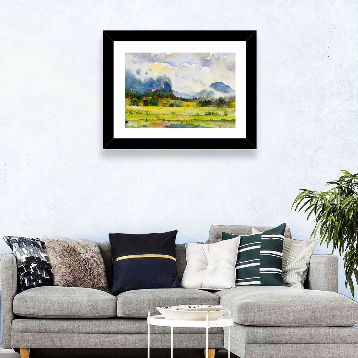 Summer Meadow Watercolor Landscape Wall Art in a room, landscape