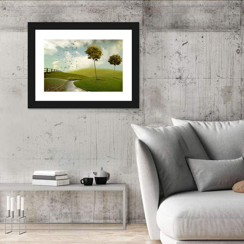 Serene Green Hills Pathscape Wall Art in a room, landscape