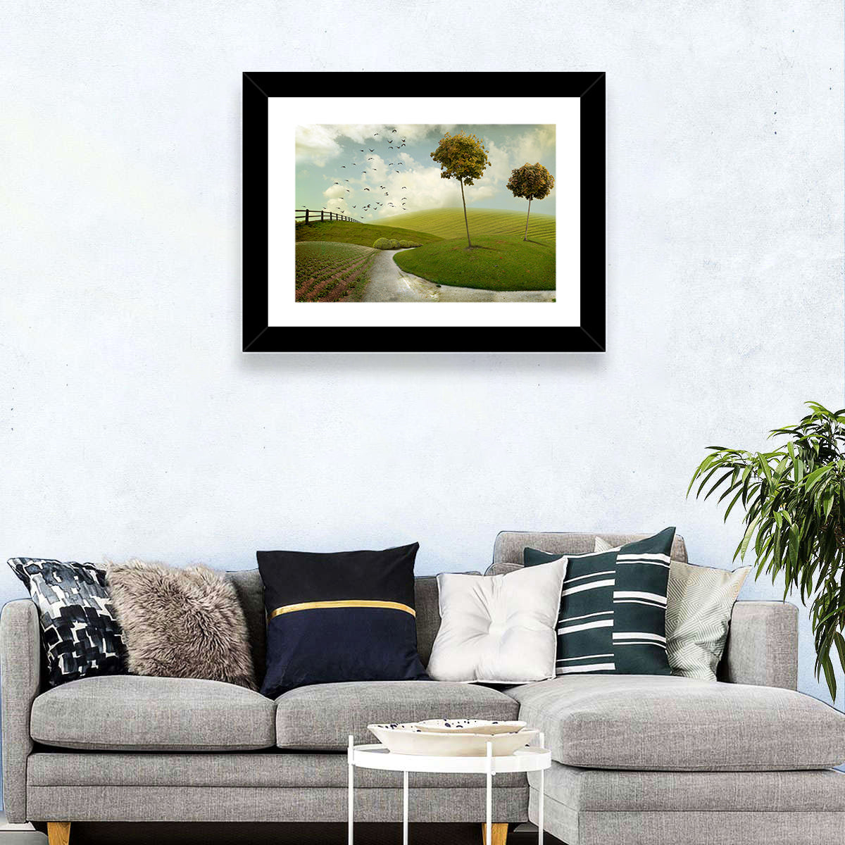 Serene Green Hills Pathscape Wall Art in a room, landscape