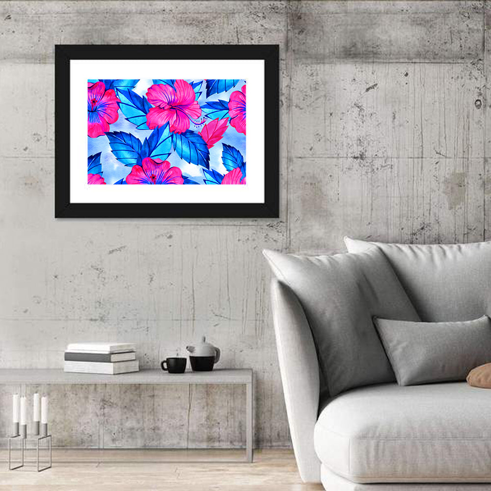 Tropical Hibiscus Pattern Wall Art in a room, landscape