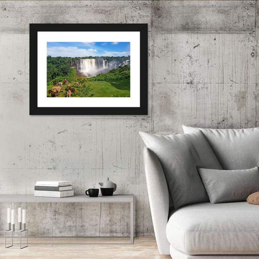 Kalandula Falls and Grazing Donkeys Wall Art in a room, landscape