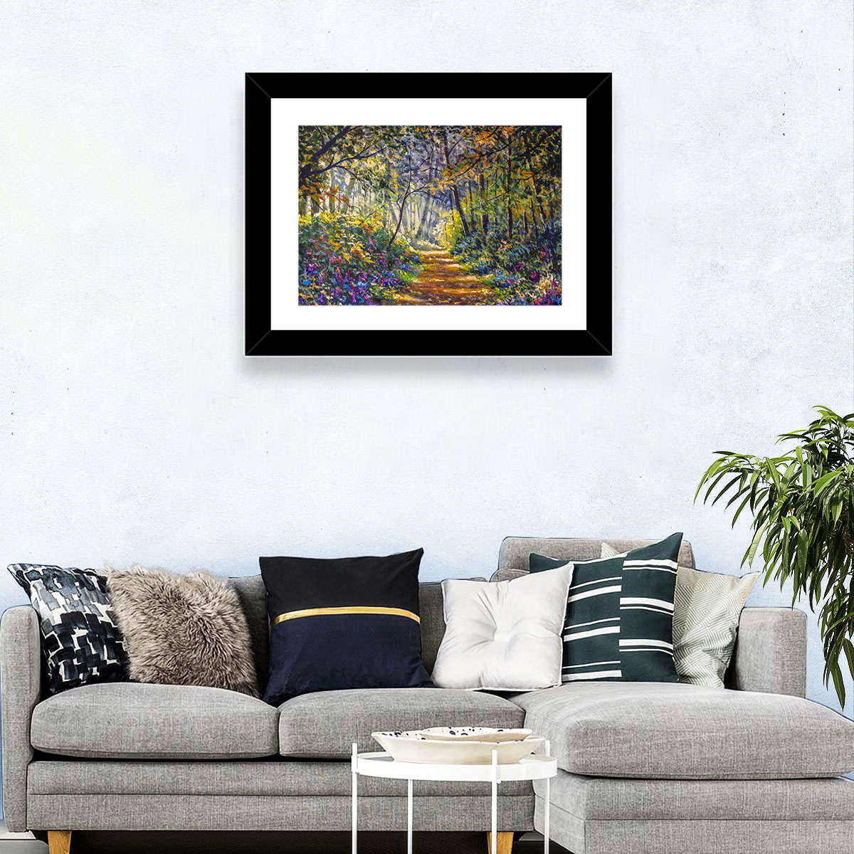 Sunlit Forest Path with Wildflowers Wall Art in a room, landscape