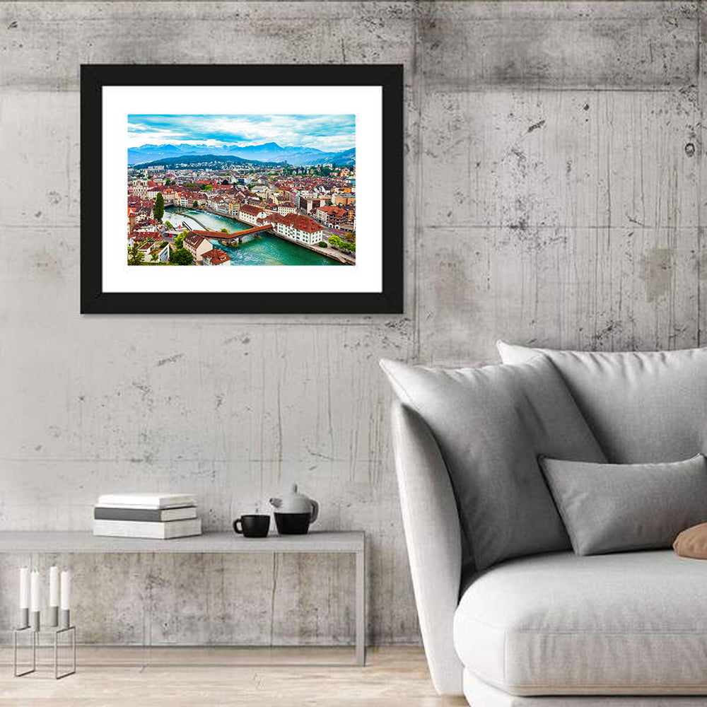 Lucerne Chapel Bridge View Wall Art in a room, landscape