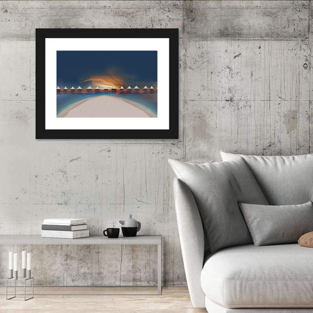 Overwater Bungalows at Golden Dusk Wall Art in a room, landscape
