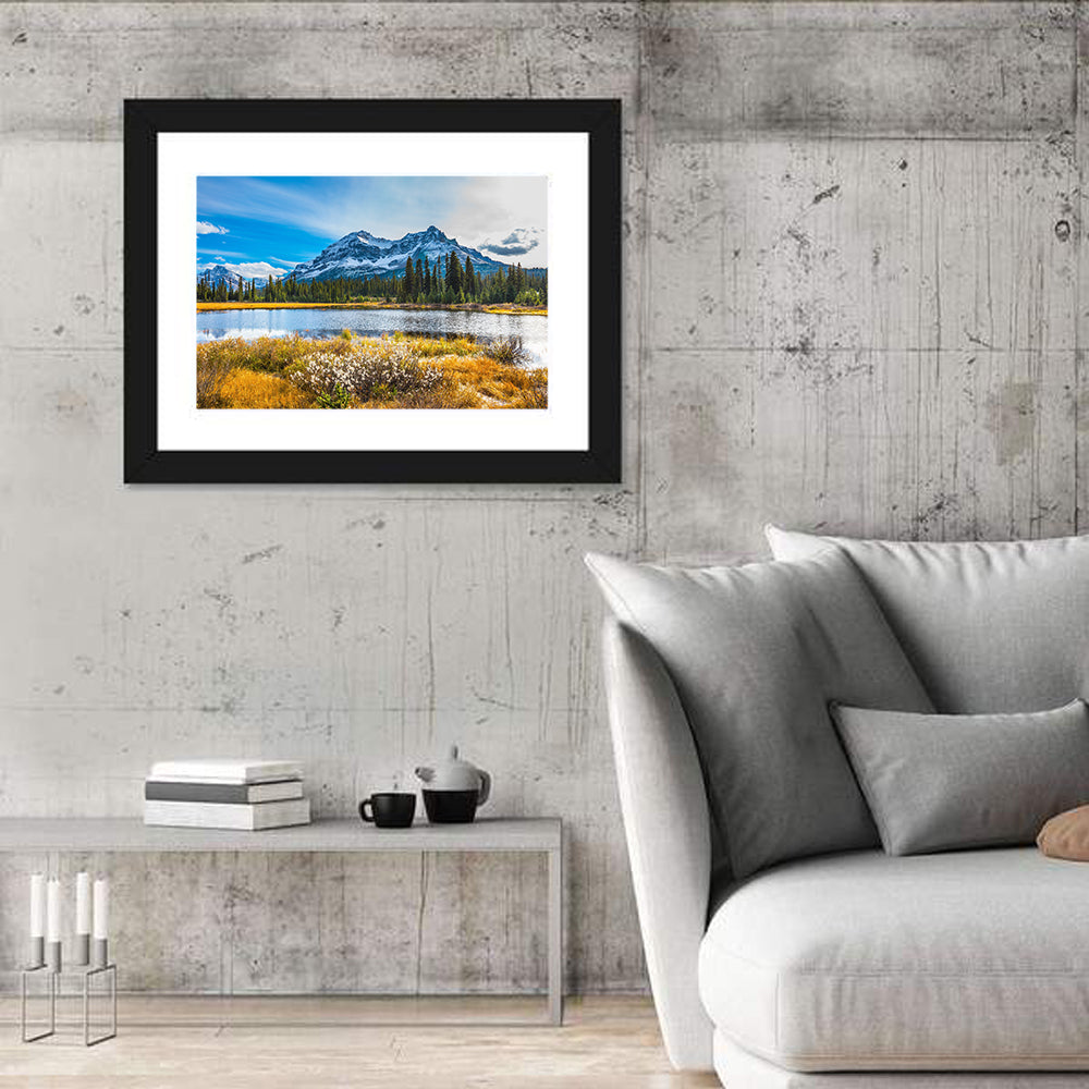 Rocky Mountain Lake Wall Art in a room, landscape