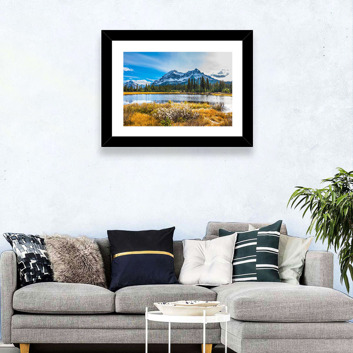 Rocky Mountain Lake Wall Art in a room, landscape