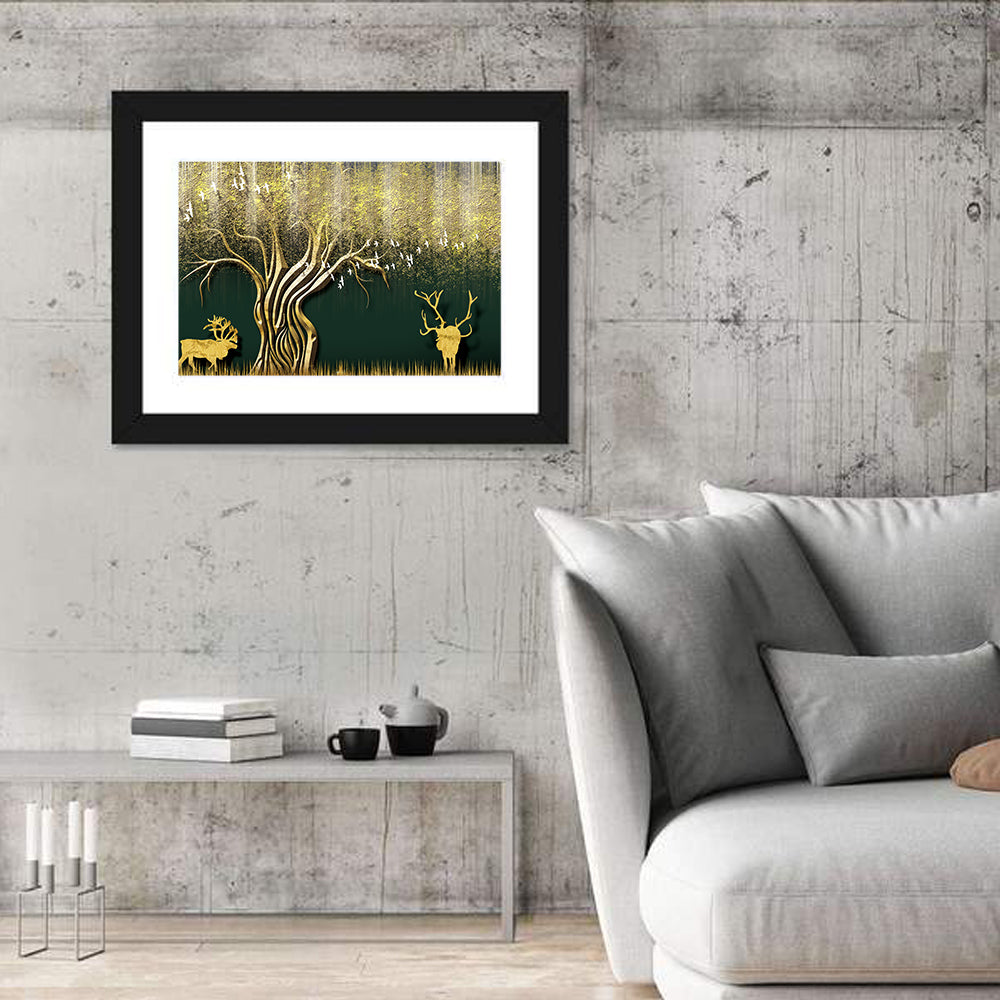 Golden Deer and Tree Illustration Wall Art