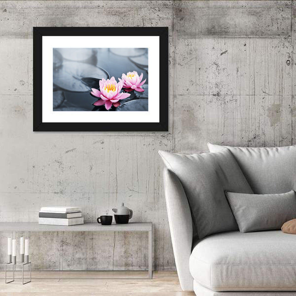 Pink Water Lilies Wall Art in a room, landscape