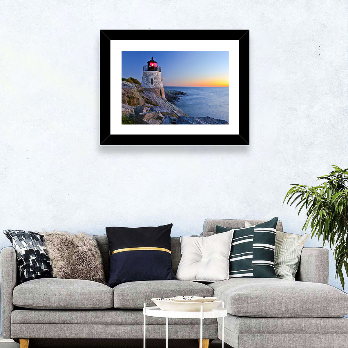 Castle Hill Lighthouse at Dusk Wall Art in a room, landscape